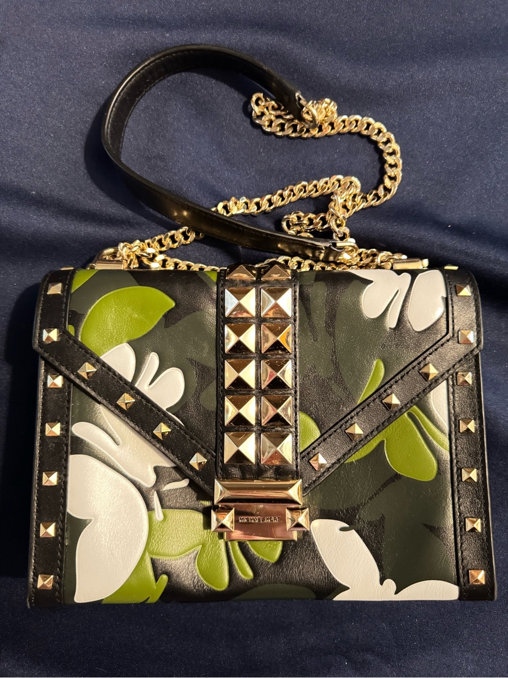 Michael Kors Womens Small Black Multi Camouflage Studded Chain Shoulder Bag
